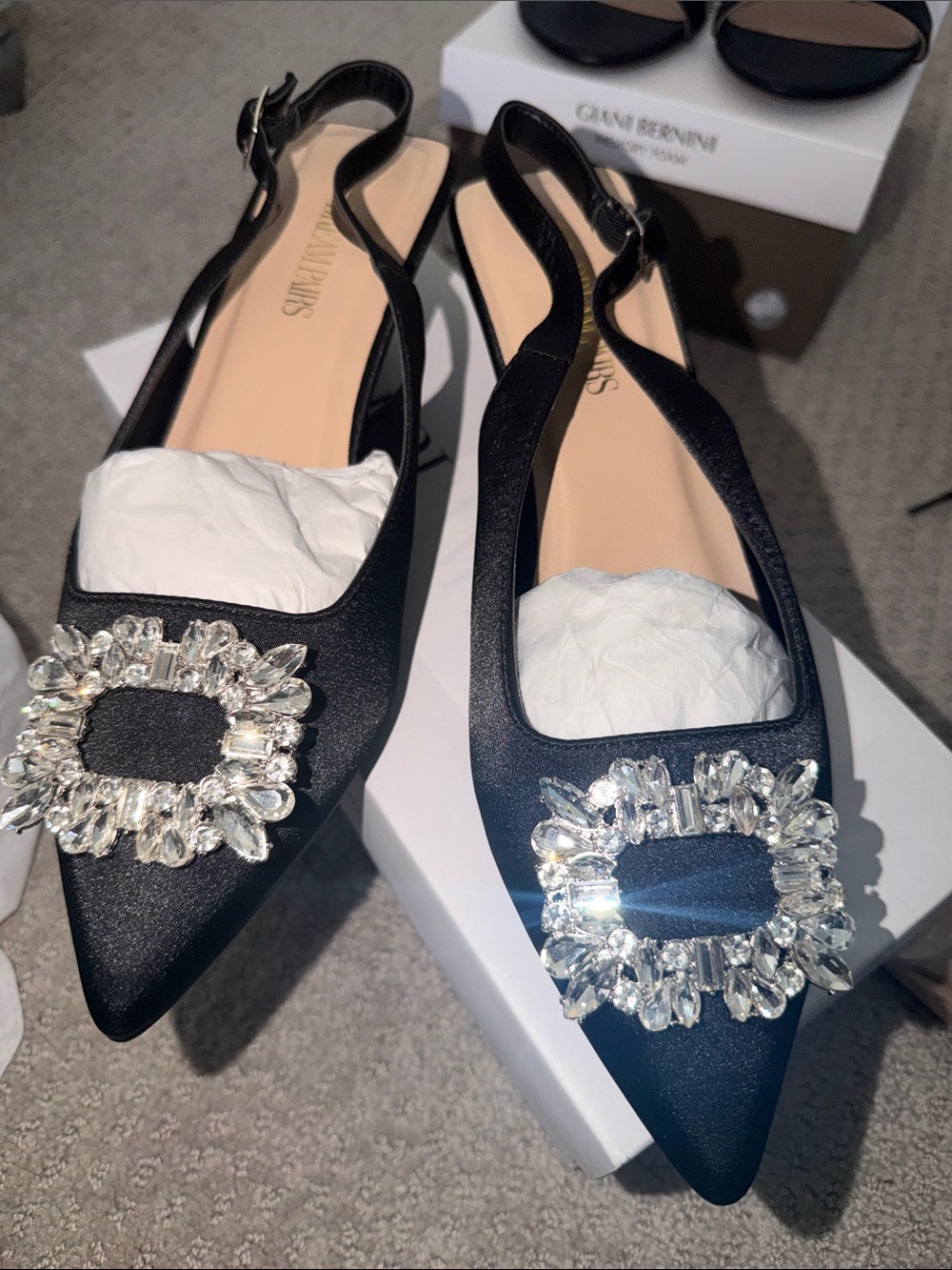 Black Satin Jewel-Embellished Pointed Slingback Flats